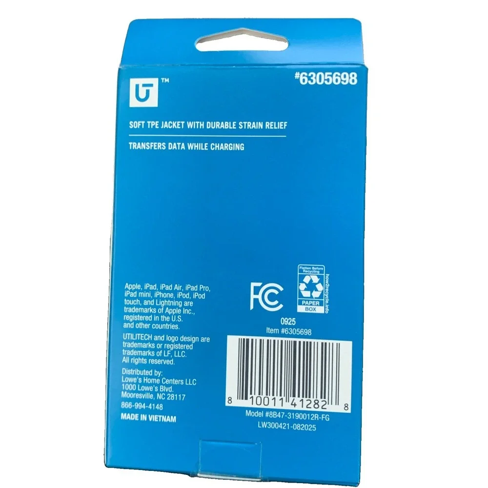 New UTILITECH USB-A To 8ft Charger Cable For Apple iPhone iPad iPod